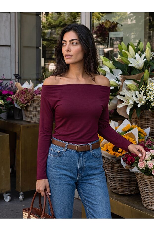 Burgundy Cotton Stretch Fabric Wide Collar Long Sleeve Low Shoulder Detailed Knitted Blouse