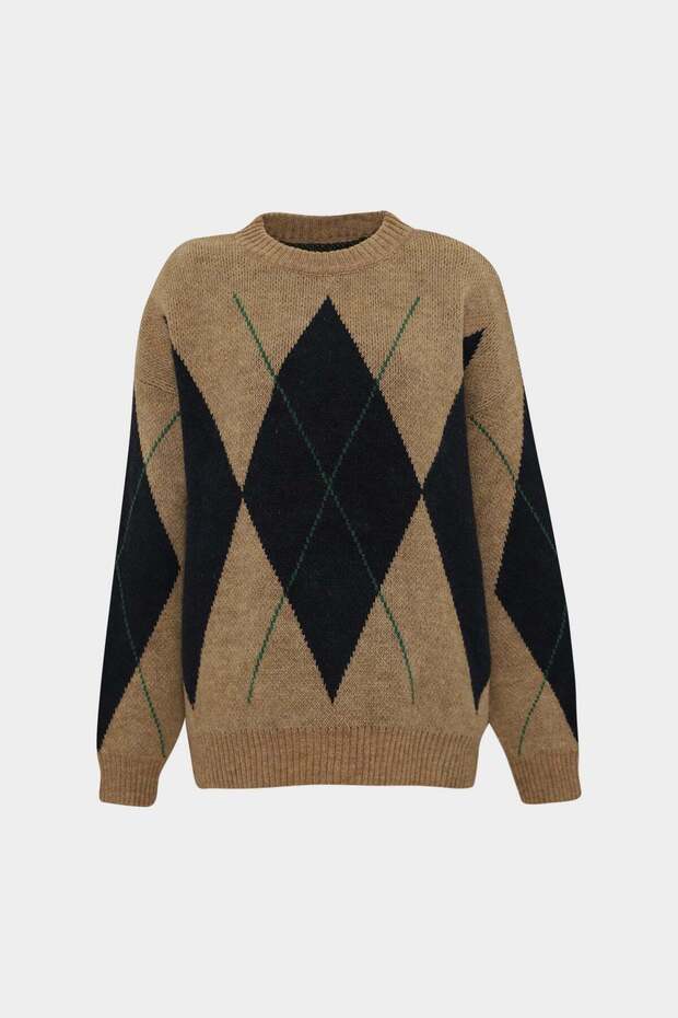 Crew Neck Baklava Pattern Loose Women's Knitwear Sweater