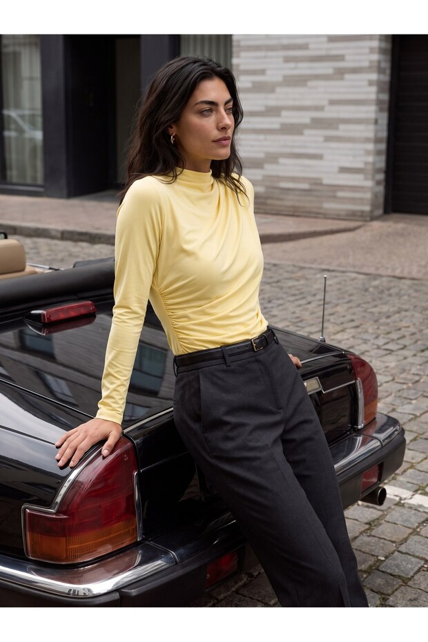Yellow Stretchy Fabric Half Turtleneck Long Sleeve Knitted Blouse with Gathered Sides