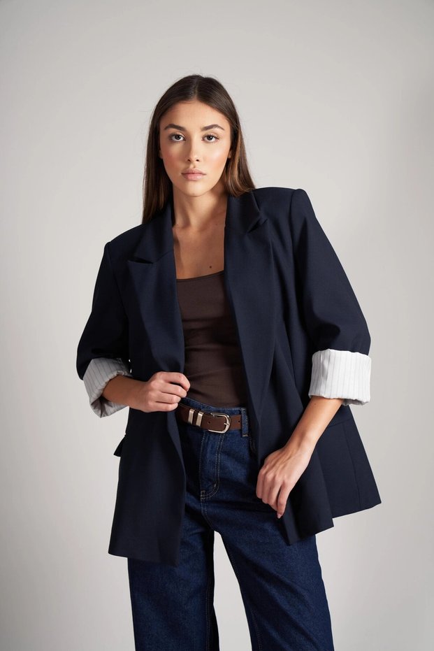 Women's Pocket Detailed Polyviscose Fabric Fold Sleeve Blazer Jacket Cty-Abr-9067