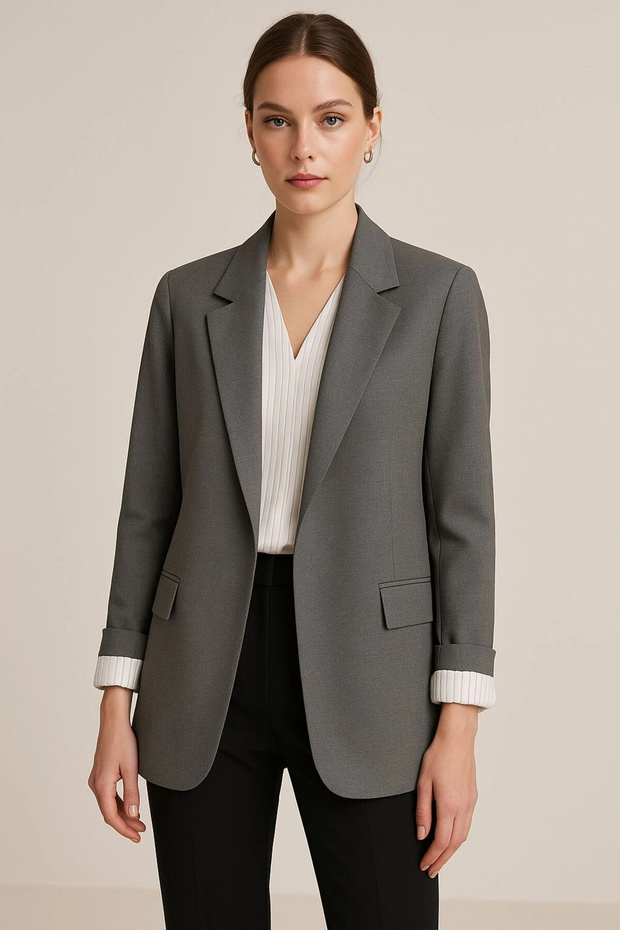 Women's Pocket Detailed Polyviscose Fabric Fold Sleeve Blazer Jacket Cty-Abr-9067