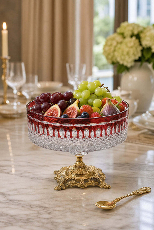 Handcrafted Cut Crystal Royal Pattern Luxury Pedestal Fruit Bowl Presentation Bowl