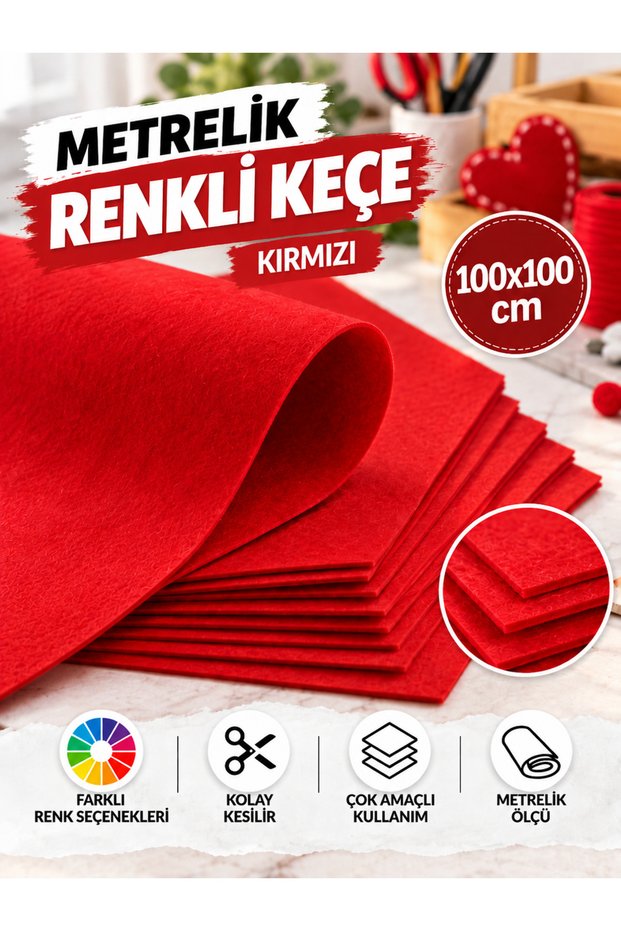 Red Felt Fabric Suitable for Handicrafts and Gift Giving – 160 Gr 100X100 cm (1 Meter)