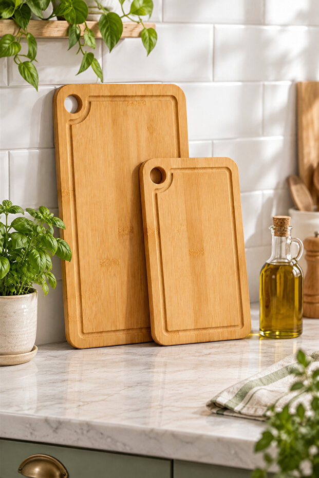 Set of 2 Bamboo Cutting Boards, Kemer Classic Corner Curve Model, 32X22 cm & 25X16 cm