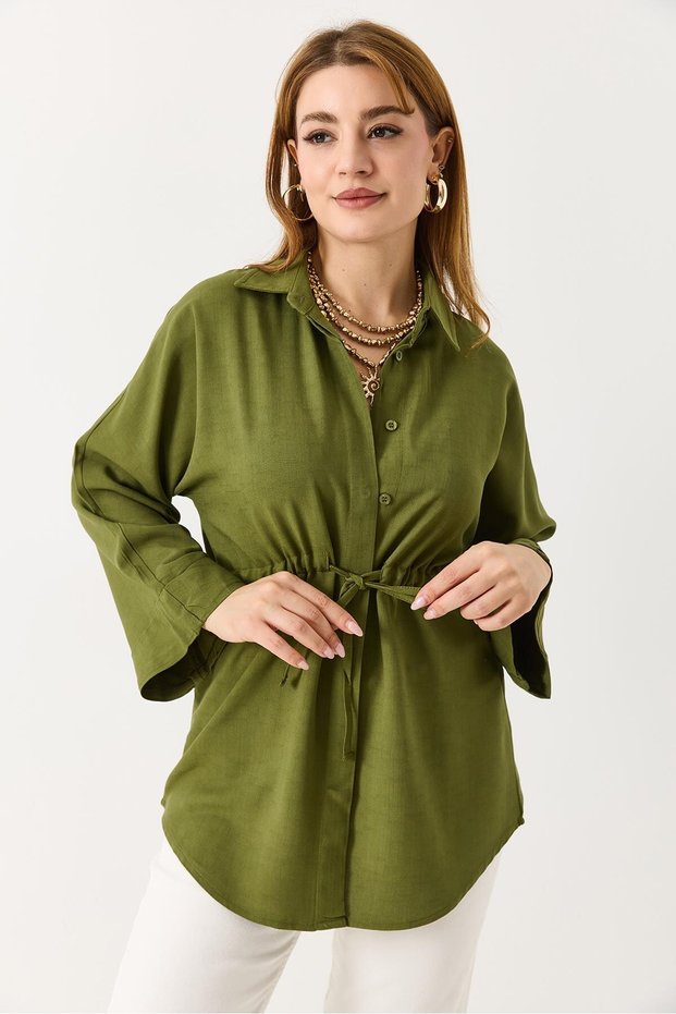 Khaki Stretchy Textured Layered Sleeve Detailed Comfortable Form-Fitting Shirt with Adjustable Waist and Buttons