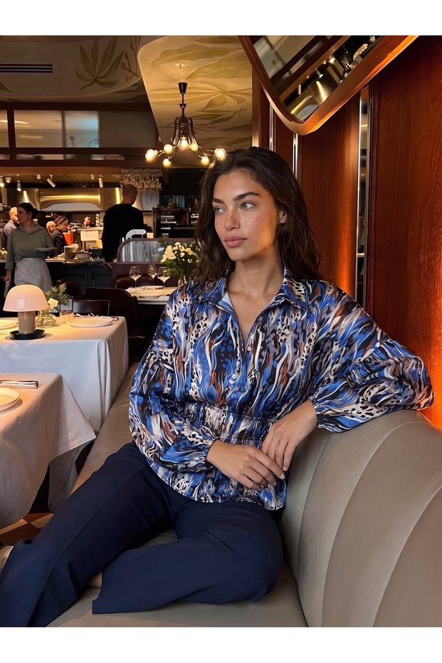 Navy Blue Satin Long Sleeve Shirt with Elastic Waist Detail, Comfortable Cut, Patterned Woven Fabric
