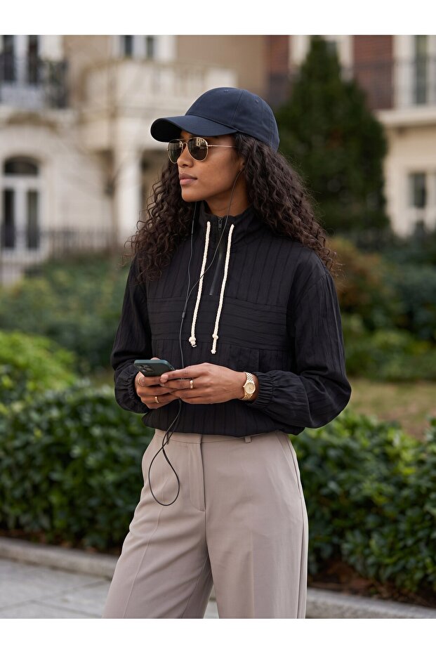 Black Striped Textured Stand Collar Half Zipper Long Sleeve Comfortable Fit Shirt with Elastic Cuffs