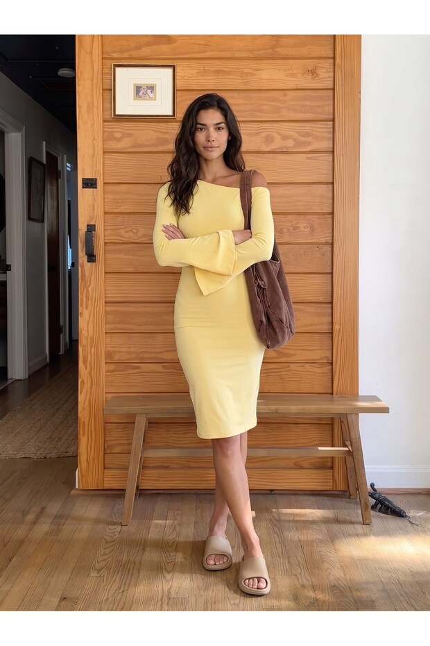 Yellow Lycra Soft Textured Slim Fit Stretchy Knitted Dress with Flywheel Sleeve Detail