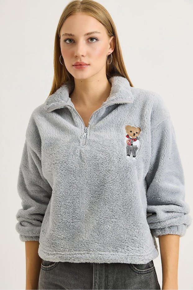 Gray Welsoft Soft Textured Stand Collar Comfortable Cut Sweatshirt with Chest Embroidery and Half Zipper Detail