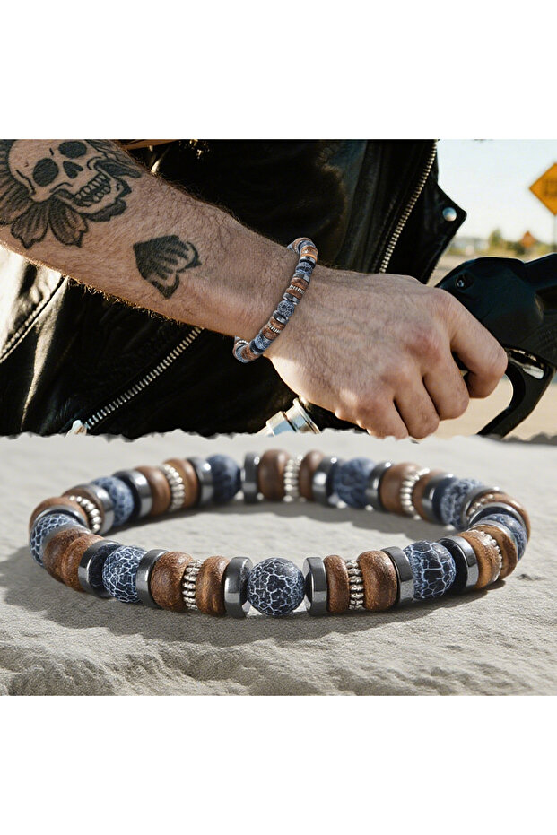 style a 1pc Men's Bead Bracelet, Designed with Wooden, Volcanic Stone, and Metal Beads, Elastic Brac