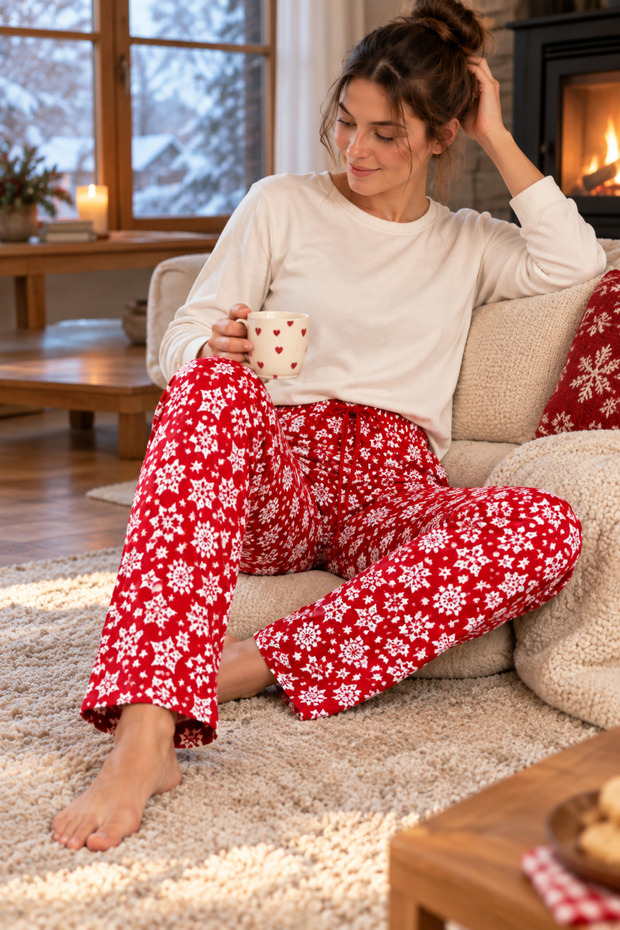 Women's Red White Snow Pattern Suede Quality Soft Winter Pajama Bottoms