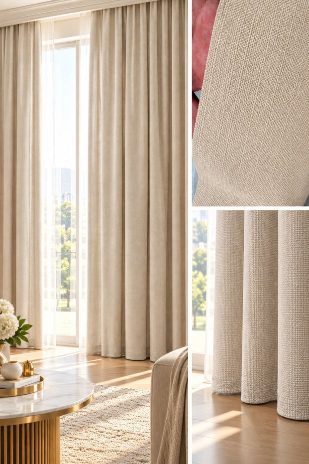 Natural Textured Linen Background Curtain | Beige | Battery-Free Flat Planting | Single Wing | Modern Living Room Curtain