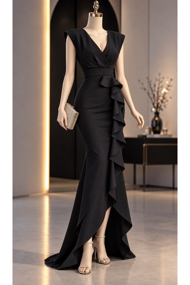 Women's Black Crepe Fabric Double Breasted Neckline Skirt Flounced Evening Dress Graduation Wedding Dress