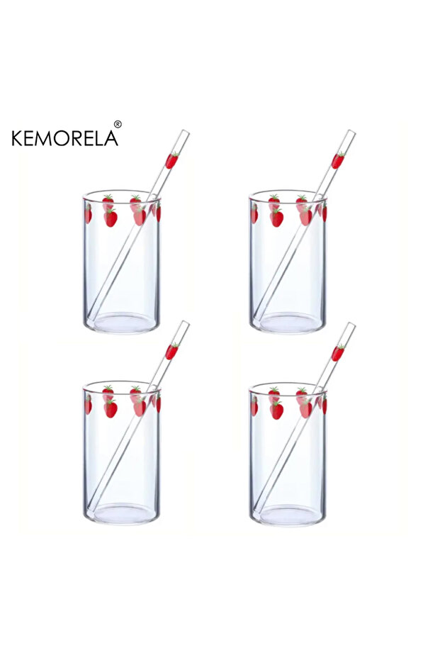 301-400ml 4PCS 300ml Strawberry Orange Cute Glass Cup Transparent Coffee Milk Water Cups Student Mil