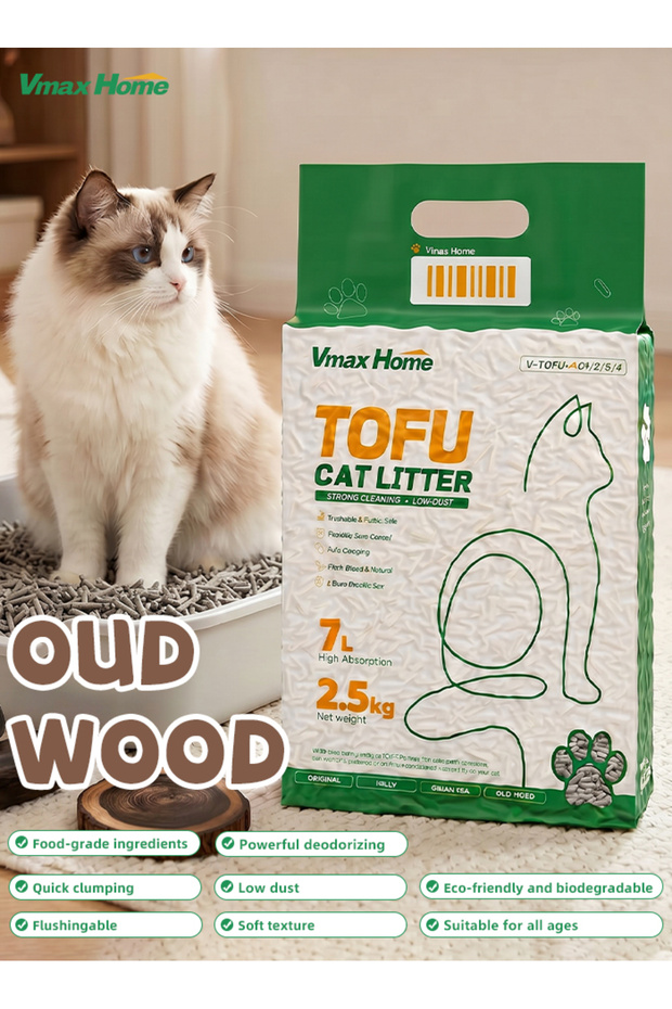7L, 2.5KG, Tofu Cat Litter Oud Wood Scent, Premium Clumping Cat Litter, Strong Odor Control, Low Dust, Flushable, Anti Tracking, Soft Pellets