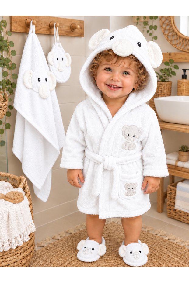 0-2 Years Old Babies' Fi̇lli̇ Bathrobe, Towel, Slipper Set, 4 Pieces, Boxed, 100% Cotton
