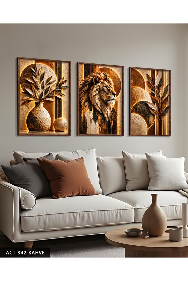 Boho Style Plant Lion 3 Piece Wooden Framed Painting Act