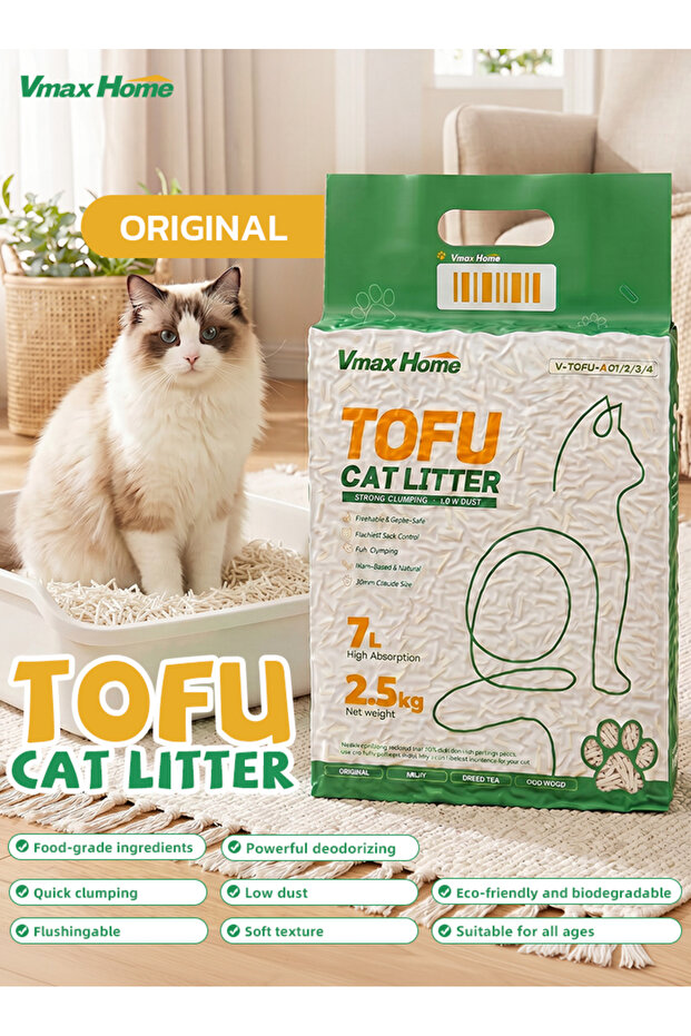 Tofu Cat Litter 7L (2.5kg) – Fast Clumping, Low Dust & Low Tracking, Flushable Plant-Based Cat Litter with Odor Control, Original Scent 1 Pack