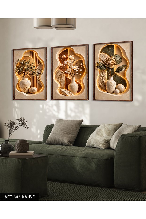 Plant and Flowers in a Vase 3 Piece Wooden Framed Painting Act