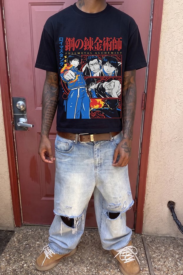 Anime Alchemist Printed Black Oversize Tshirt