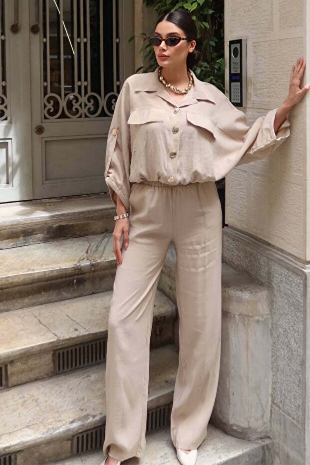 Tencel Fabric Gold Buttoned Bat Sleeve Suit - Beige