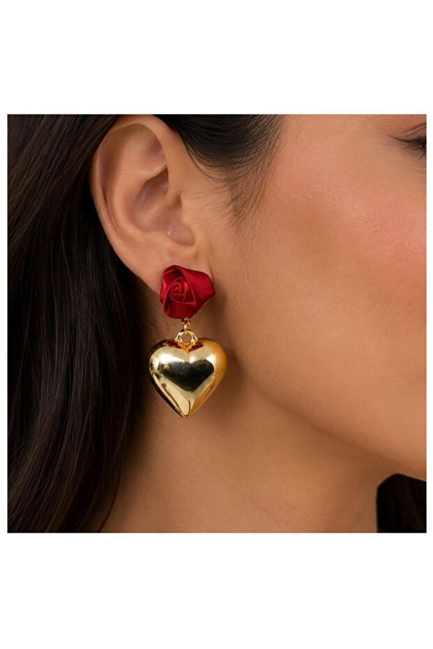 Red Rose & Gold Steel Heart Women's Earrings