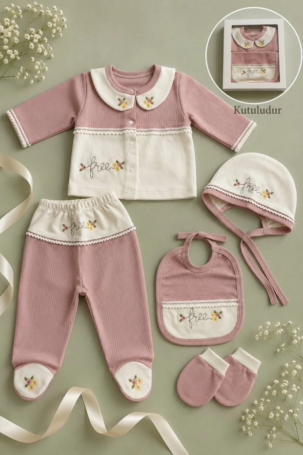 Baby Girl Floral Embroidered Corded 100% Cotton 5-Piece Hospital-Issued Newborn Set Boxed