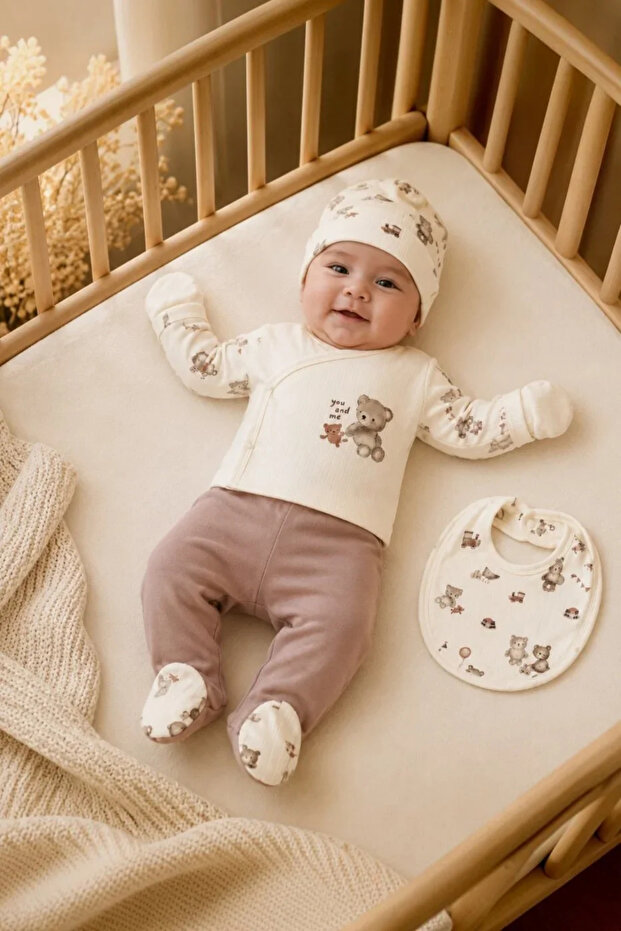 Unisex Teddy Bear Printed 5-Piece Hospital Release Newborn Baby Set