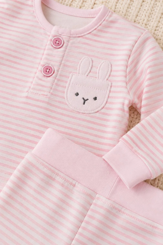 Rabbit Pocket Detailed Striped Long Sleeve Top and Bottom 2-Piece Baby Girl Set