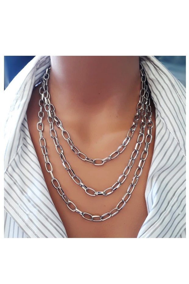 Silver Color Pod Chain 3 Rows Women's Necklace