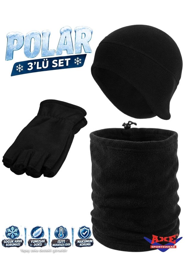 Men's Black Winter Fingerless Fleece Gloves - Fleece Beanie with Headphones - Drawstring Fleece Neck Collar Set of 3