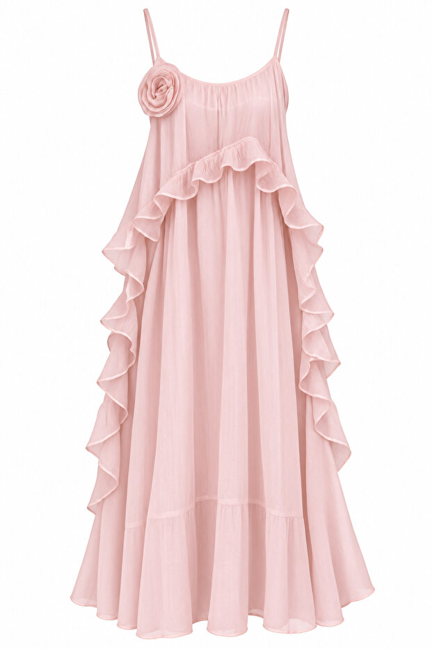 Pleated Floral Motif Chiffon Dress