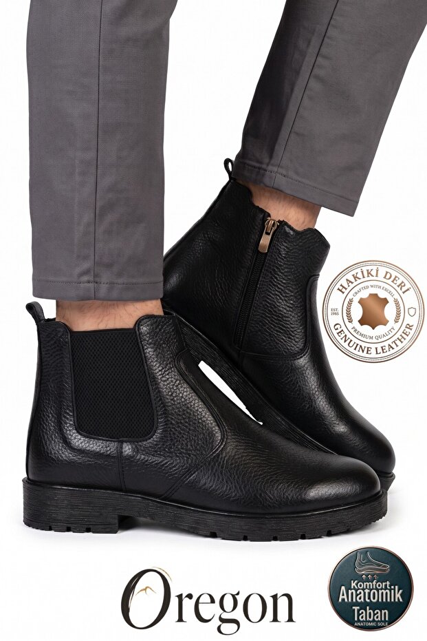 Casual Oregon Boots Genuine Leather Black Winter Men's Zippered Chelsea Boots