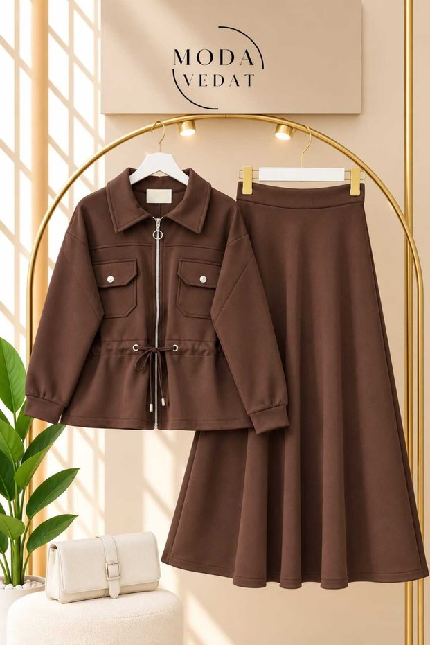 Women's Pocketed Waist Drawstring Puff Scuba Skirt Set -0650