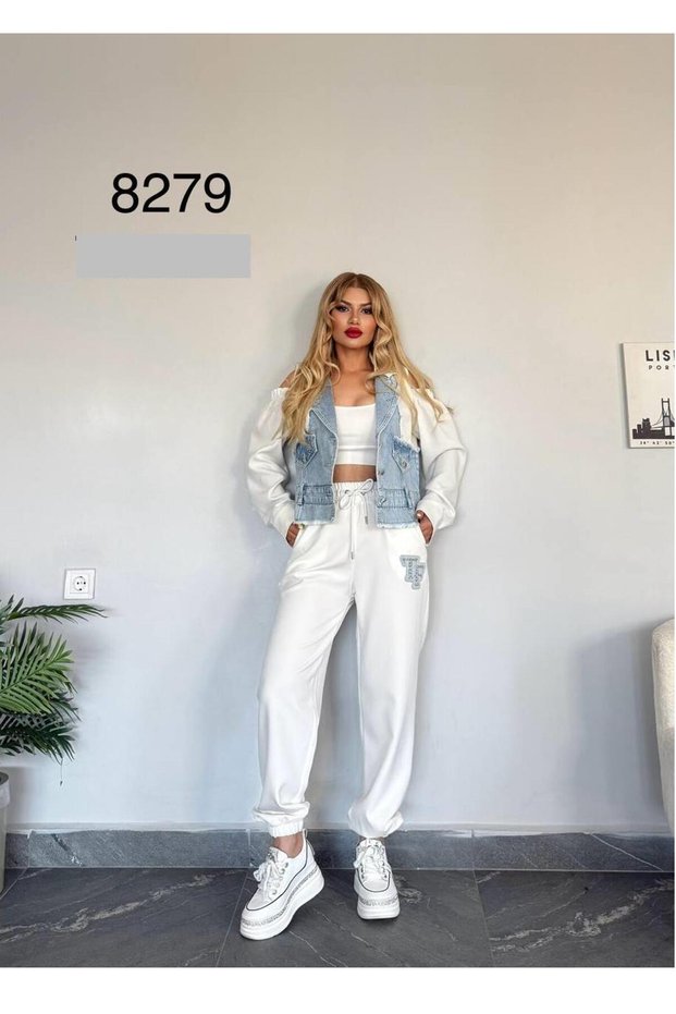 Denim Vest Detailed Off Shoulder Sweatshirt and Jogger Sweatpants Set