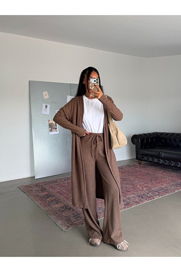Long Cardigan Camisole Set - Brown