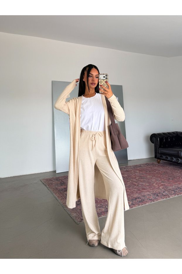 Long Cardigan Camisole Set - Stone