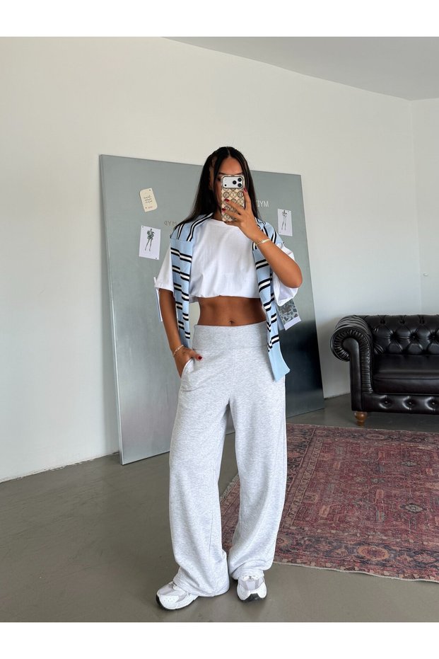 Waist Folded Wide Leg Sweatpants - Gray