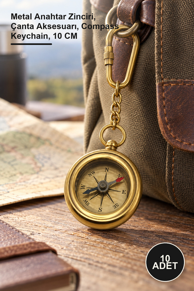 10 Pieces Brass Compass Keychain – Metal Key Chain, Bag Accessory, Compass Keychain, 10 cm