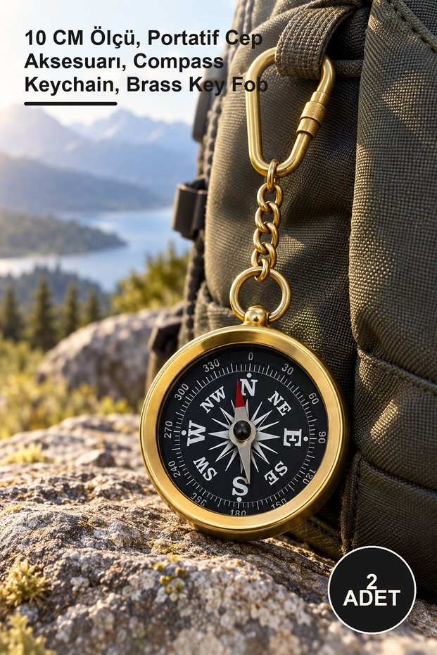 2 Pieces Brass Compass Keychain – 10 cm in Size, Portable Pocket Accessory, Compass Keychain, Brass Key Fob