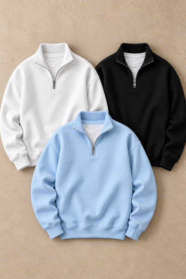 Unisex Set of 3 Half-Zipper Stand Collar 100% Cotton Soft Textured Fleece Inside Sweatshirt Plain Pullover (3 Pcs)