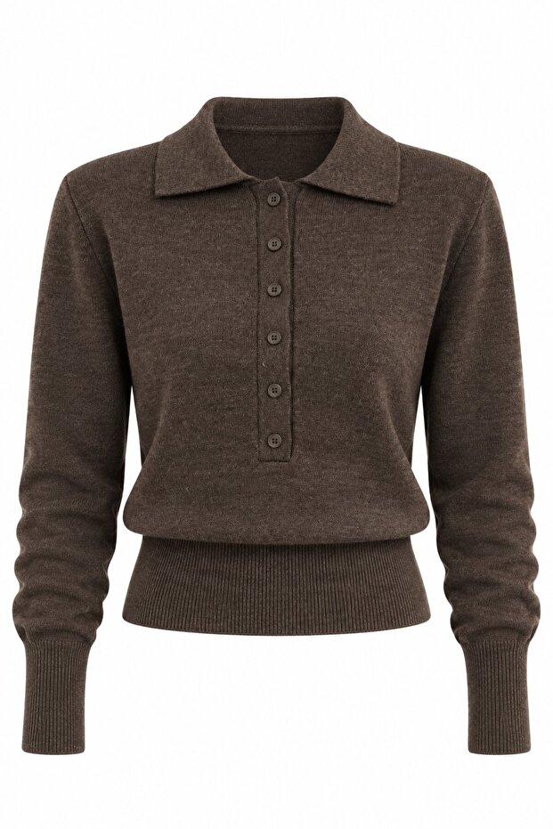 Coffee Melange Polo Collar Buttoned Knitwear - 261121