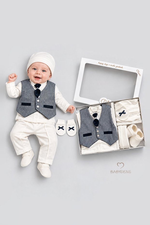 Newborn Baby Boy Mevlüt Set 6 Piece Stylish Special Occasion Set with Bow Tie and Vest Gift Set Ecru Navy Blue