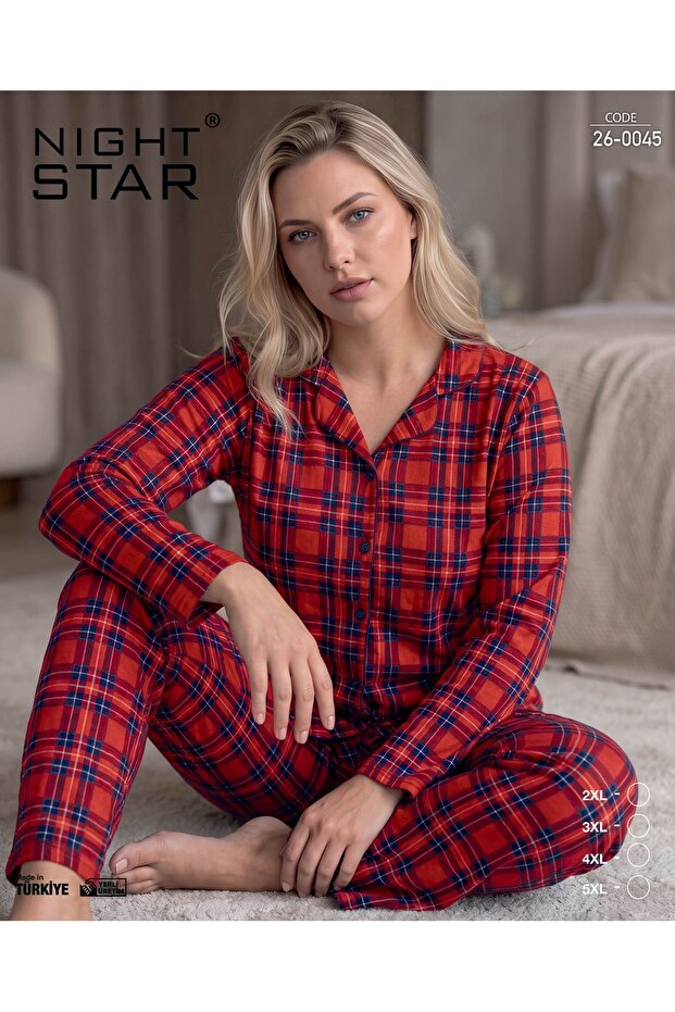Nova Checked Super Soft Buttoned Plus Size Red Pajama Set