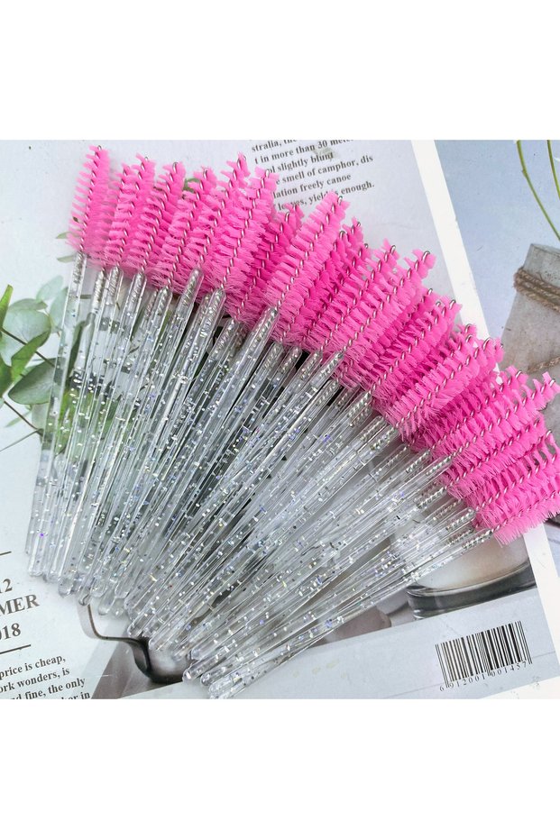 Pink 50Pcs Makeup Brushes Disposable Crystal Eyebrow Brush Diamond Handle Mascara Wand Applicator Ey