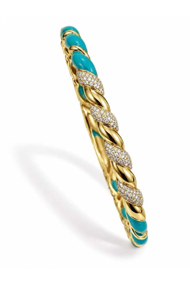 Turquoise Detailed Knitted Form Gold Bracelet with Zircon Stones