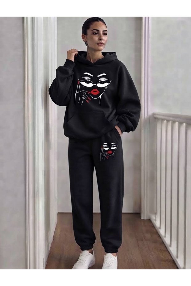 Women's Red Lip Print Printed Top and Bottom Tracksuit Set