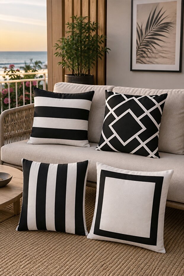 Black Frames Patterned 4-Piece Throw Pillow Cover Set