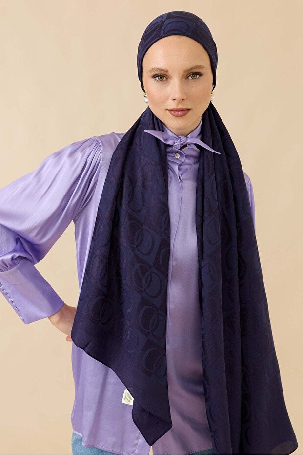 Checkerboard Pattern Navy Blue Naia Cotton Shawl 70X200