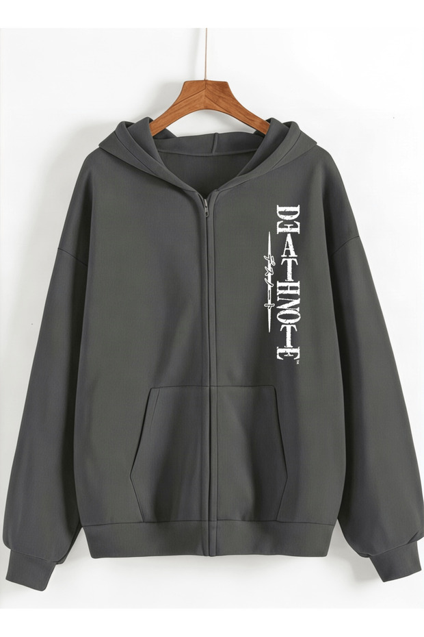 Death Note Printed 3 Thread Combed Cotton Hooded Oversize Cardigan